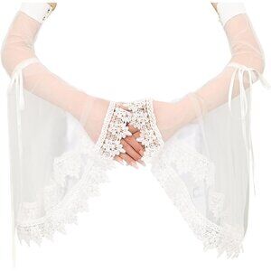 Women's White-03 Detachable Arm Sleeves Tulle Long Lace Gloves Halloween Party